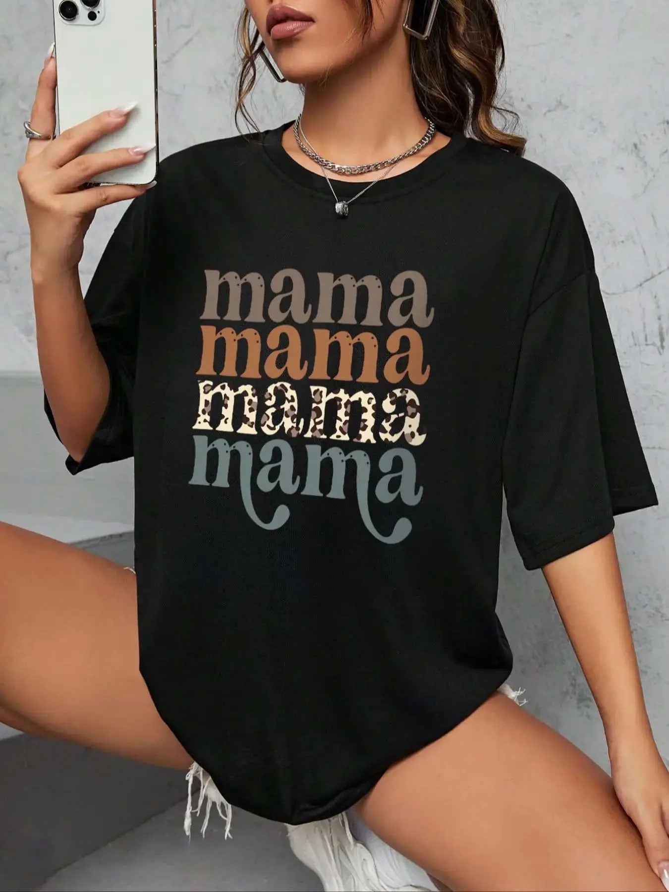 Women's "mama" Letter Print Round Neck Graphic Tee, Vintage Trendy Casual Drop Shoulder Half Sleeve T-shirt For Daily Wear, Ladies Summer Outfit