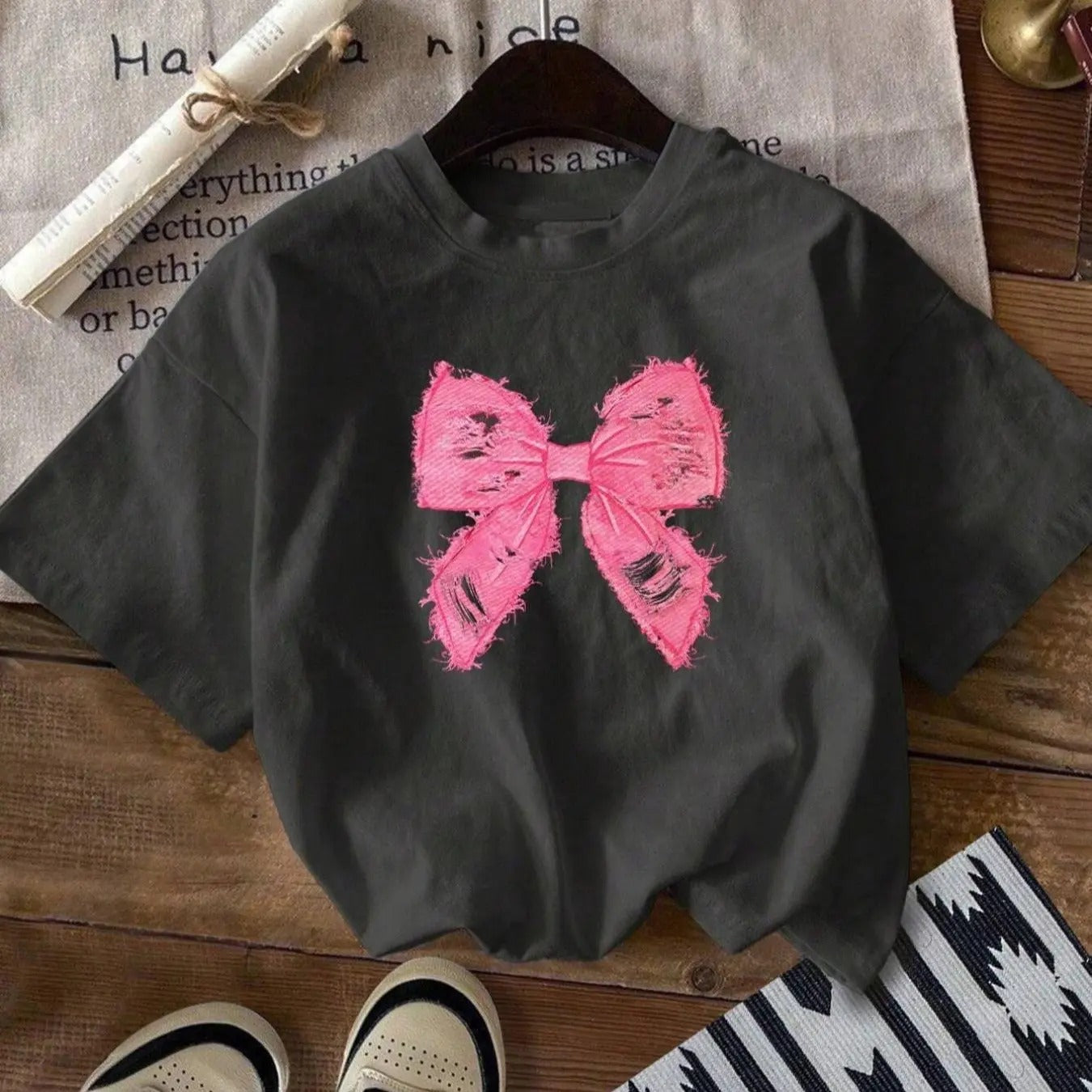 Women's Bow Print Round Neck Tee, Fashion Casual Short Sleeve T-shirt, Ladies Summer Clothes for Daily Wear