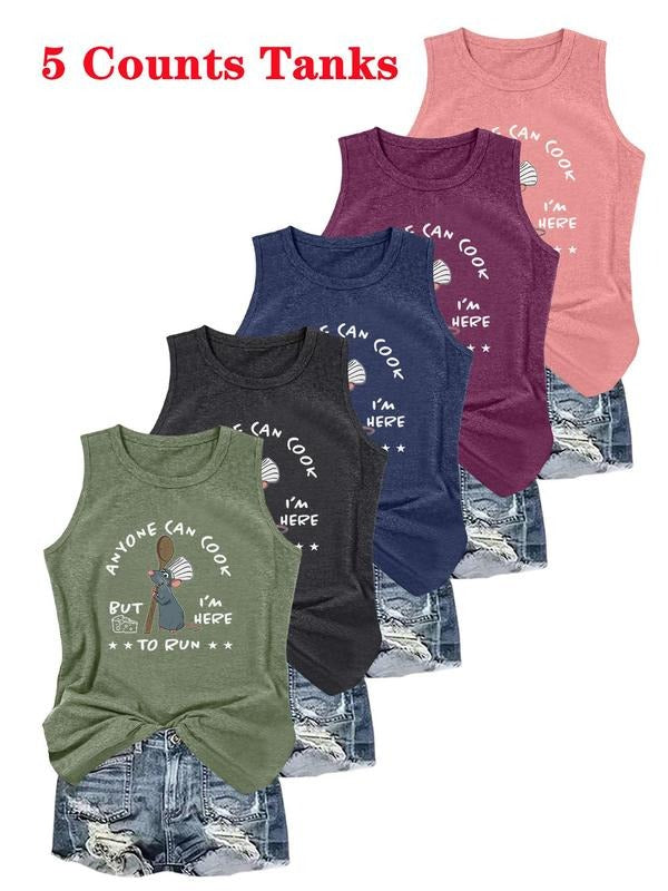 Women's Cartoon & Letter Print Round Neck Tank Top, Casual Sleeveless Top for Summer, Ladies Clothes for Daily Wear, Socks