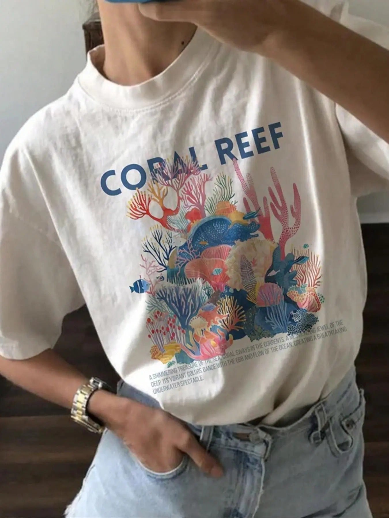 Women's Cartoon Coral Reef Graphic Round Neck Tee, Casual Drop Shoulder Short Sleeve T-shirt for Summer, Ladies Clothes for Daily Wear