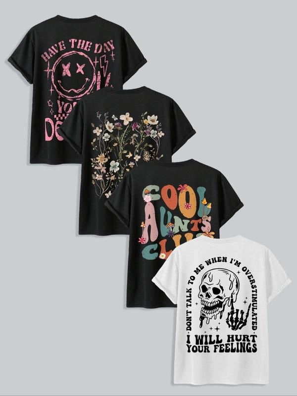 Women's Cartoon Face & Skull & Floral & Letter Print Short Sleeve Tee, Street Fashion Casual Graphic Round Neck T-shirt for Daily Holiday Vacation Outdoor Wear, Teen Girls Clothes