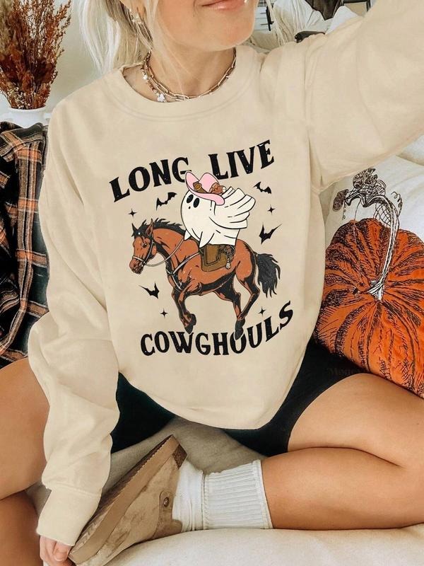 Women's Cartoon Ghost & Horse & Letter Print Drop Shoulder Sweatshirt, Casual Long Sleeve Round Neck Pullover for Daily Wear, Ladies Clothes for All Seasons