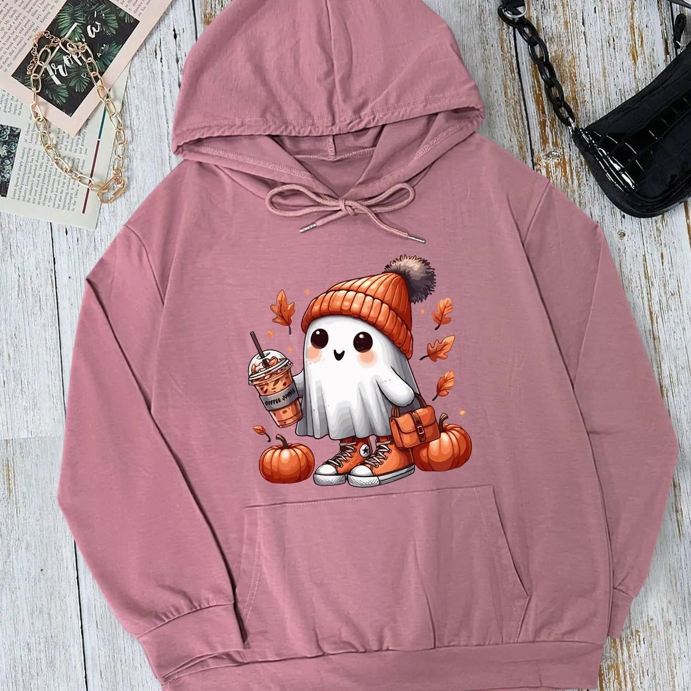 Women's Cartoon Ghost Print Drop Shoulder Drawstring Hoodie, Fashion Casual Pocket Hooded Sweatshirt for Daily Holiday Outdoor Wear, Women Clothing for Fall & Winter