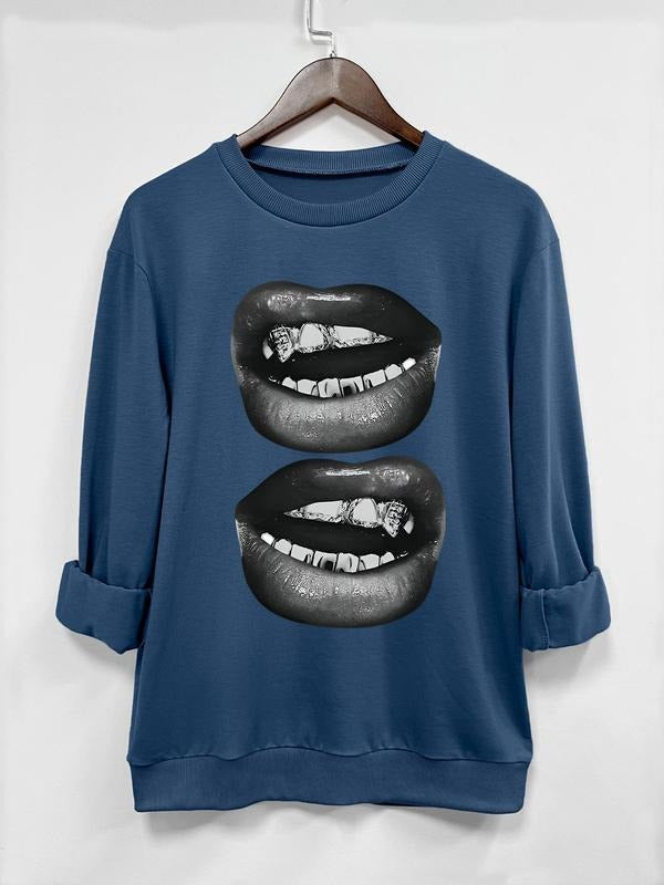 Women's Cartoon Lips Print Round Neck Sweatshirt, Casual Long Sleeve Pullover, Women's Fall & Winter Clothes for Daily Wear