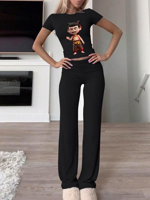 Women's Cartoon Monkey Print Tee & Pants Two-Piece Set, Casual Round Neck Short Sleeve T-Shirt & Trousers for Daily Wear, Ladies Two-Piece Outfits for All Seasons