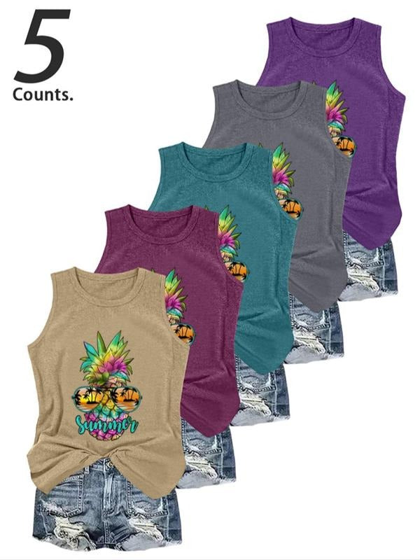 Women's Cartoon Pineapple Print Round Neck Tank Top, Casual Sleeveless Top for Daily Wear, Ladies Clothes for All Seasons