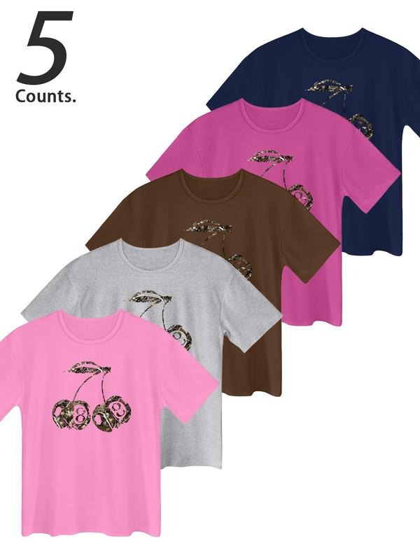Women's Cherry Print Round Neck Tee, Casual Short Sleeve T-shirt for Daily Wear, Ladies Clothes for All Seasons, Top