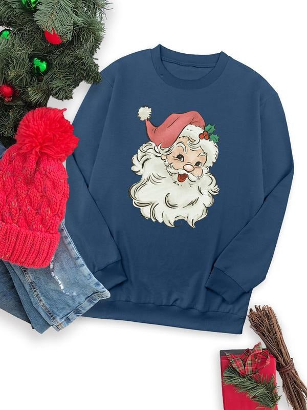 Women's Christmas Santa Claus Print Drop Shoulder Sweatshirt, Casual Long Sleeve Round Neck Pullover for Fall & Winter, Ladies Clothes for Daily Wear