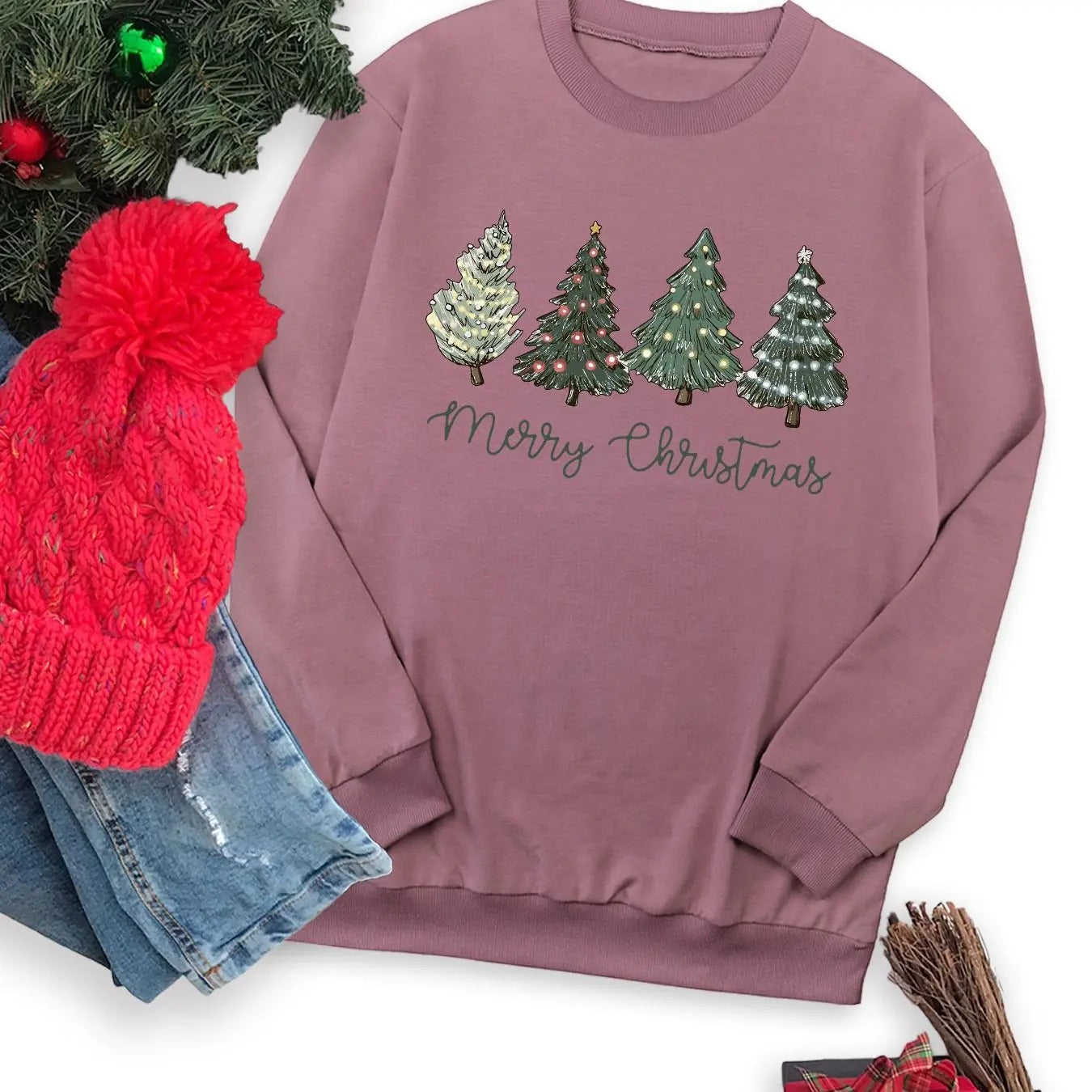 Women's Christmas Tree & Letter Print Round Neck Sweatshirt, Casual Long Sleeve Crew Neck Pullover for Fall & Winter, Women's Clothes for Daily Wear