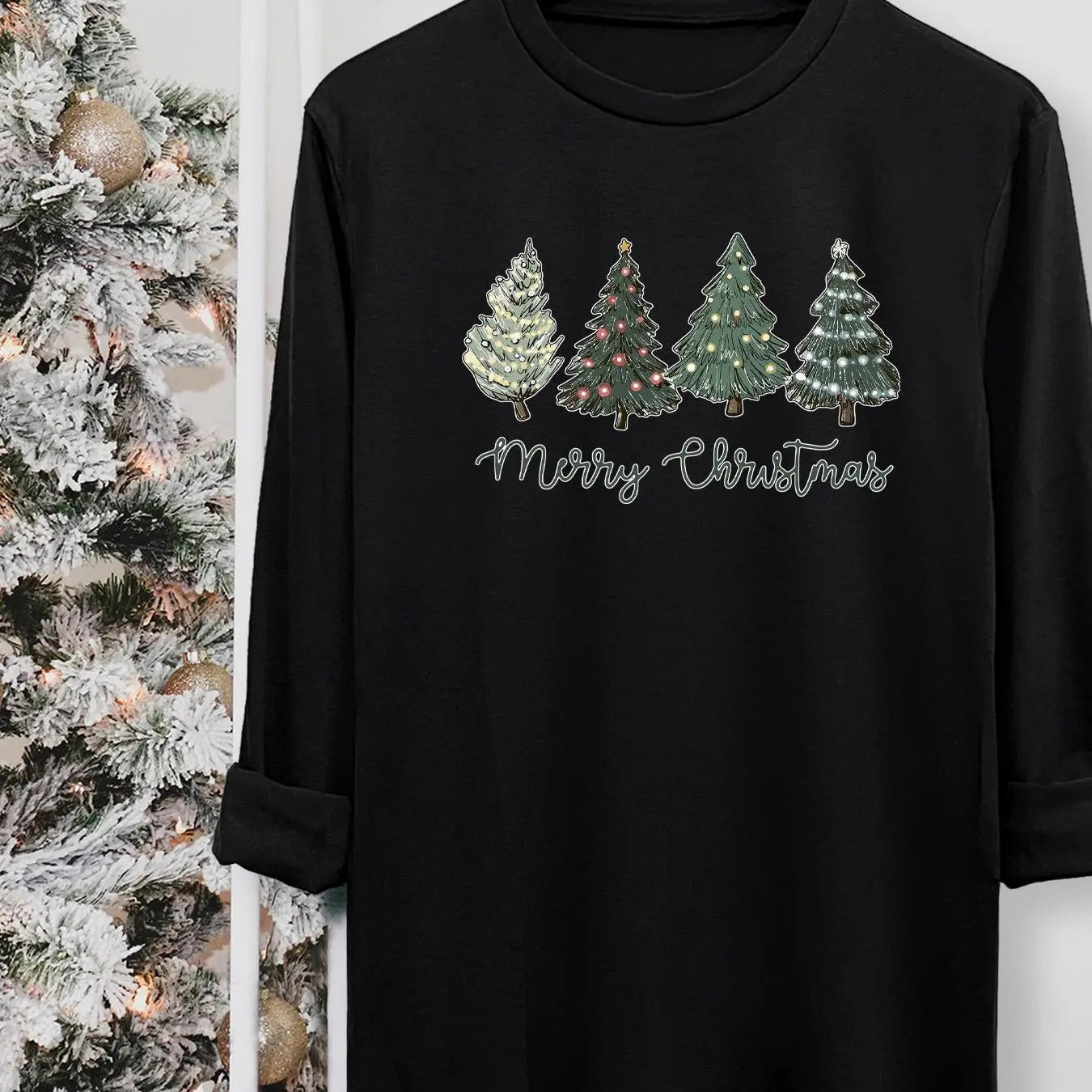 Women's Christmas Tree & Letter Print Round Neck Tee, Casual Long Sleeve Crew Neck T-shirt for Fall & Winter, Women's Top for Daily Wearstyle{n002}3