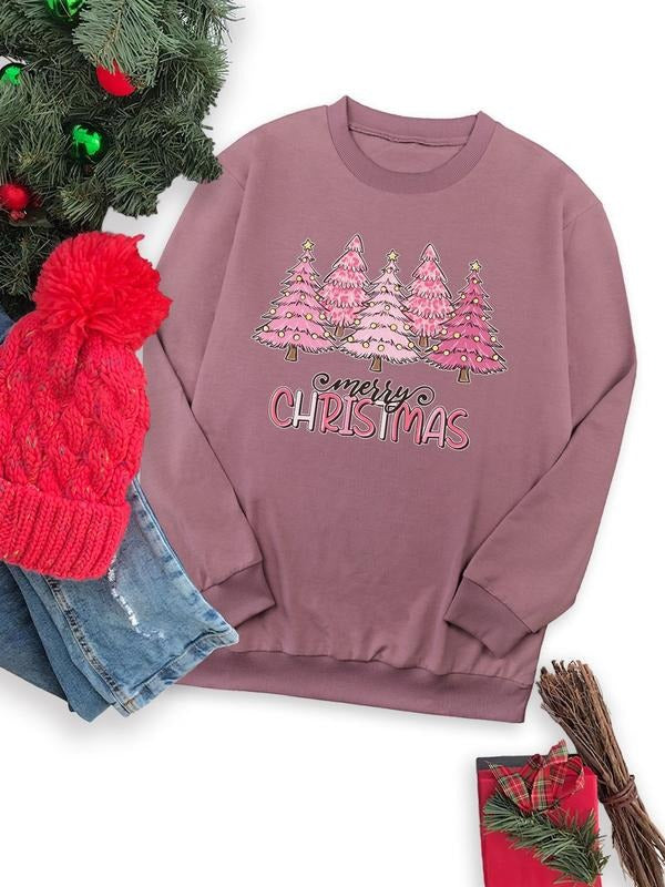 Women's Christmas Tree Print Drop Shoulder Sweatshirt, Casual Letter Print Long Sleeve Round Neck Pullover for Fall & Winter, Ladies Clothes for Daily Wear