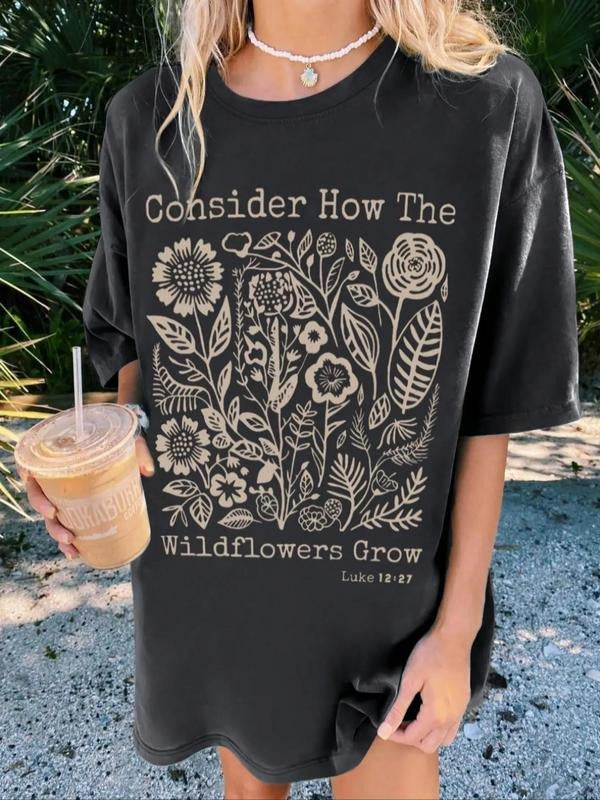 Women's Floral & Letter Print Round Neck Graphic Tee, Vintage Trendy Casual Drop Shoulder Half Sleeve T-shirt For Daily Wear, Ladies Summer Outfit