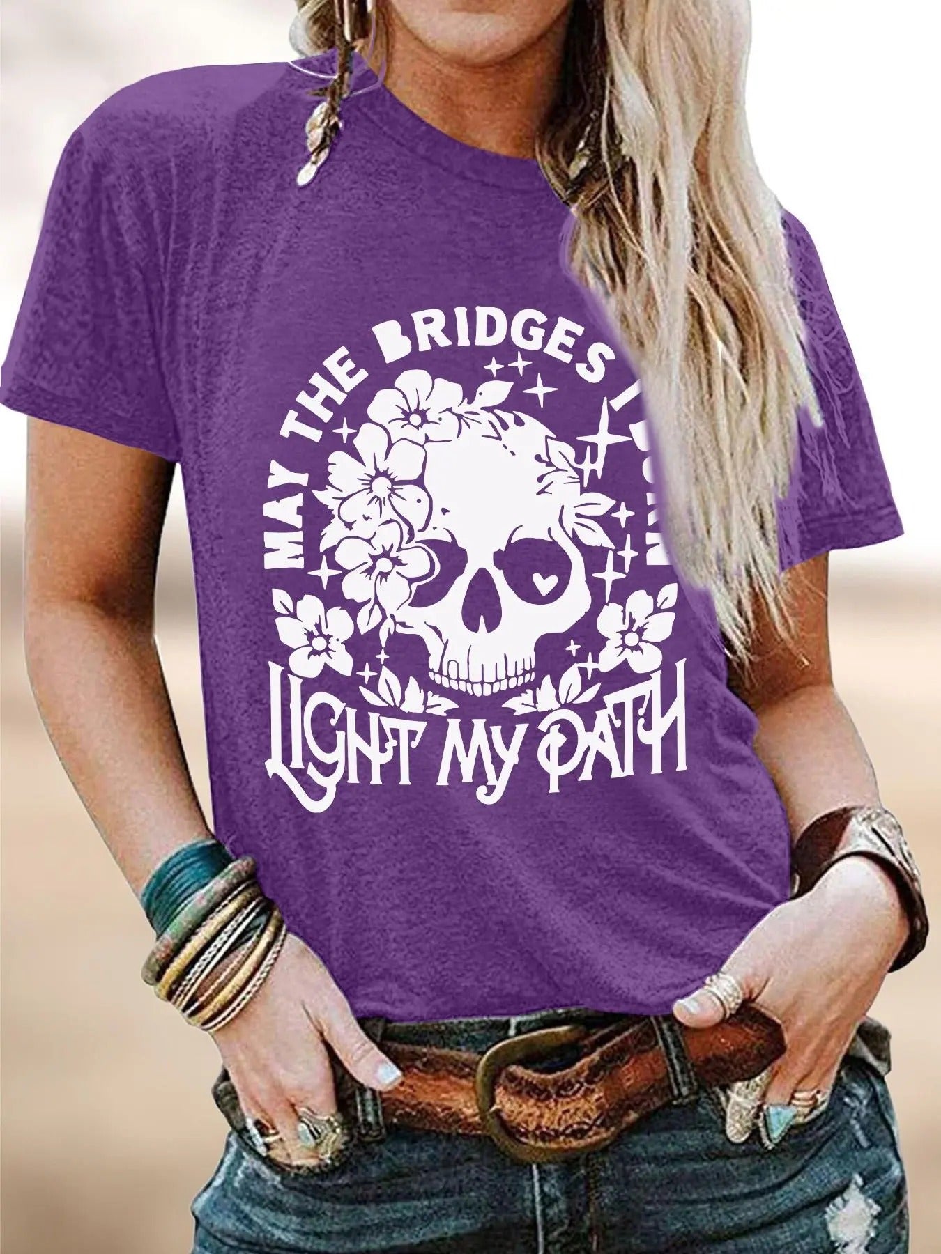 Women's Floral Skull & Letter Print Round Neck Tee, Fashion Casual Short Sleeve T-shirt for Daily Holiday Vacation Outdoor Wear, Ladies Clothes for Summer