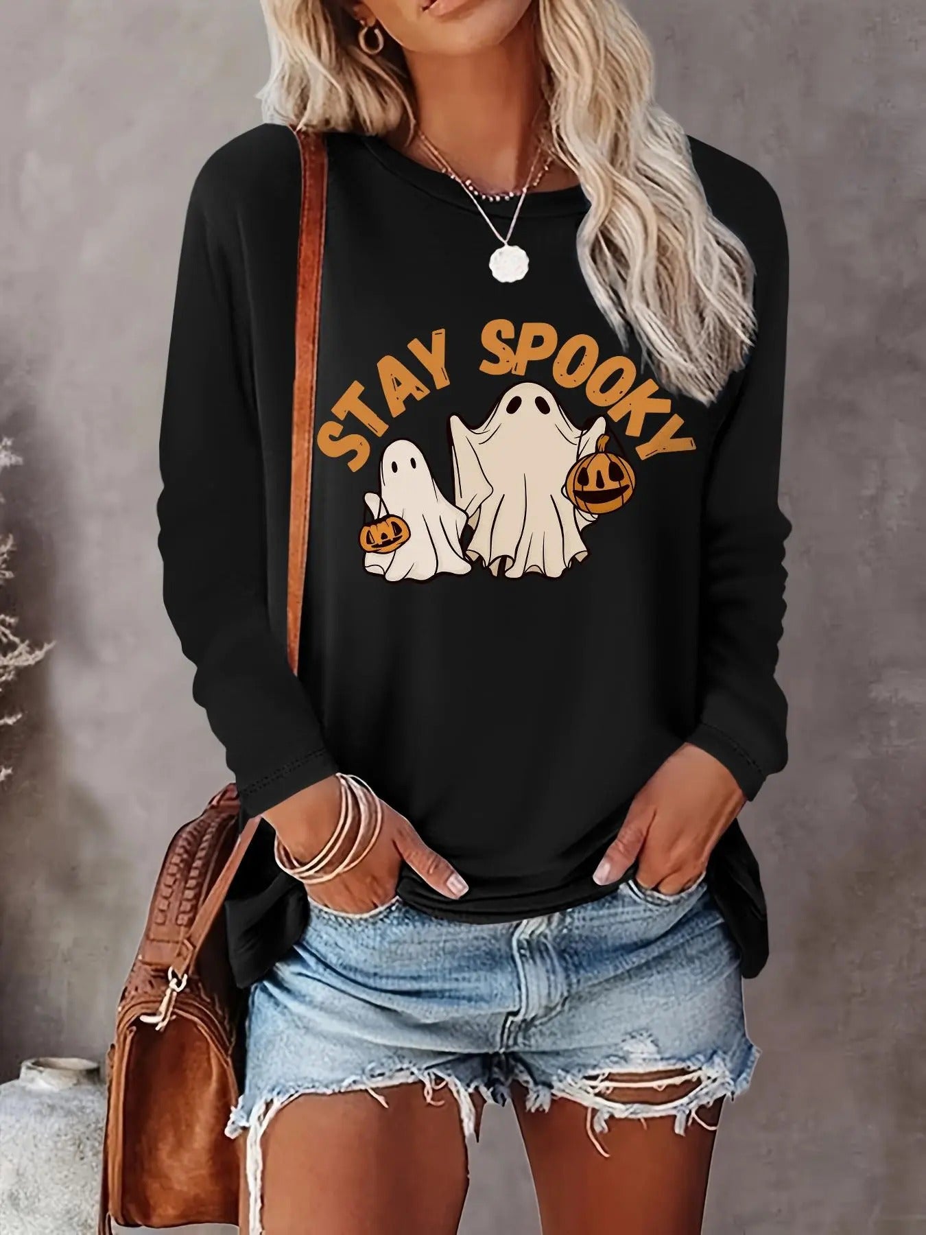 Women's Halloween Cartoon Ghost & Letter Print Drop Shoulder Sweatshirt, Casual Long Sleeve Round Neck Pullover for Daily Wear, Ladies Spring & Fall Clothes