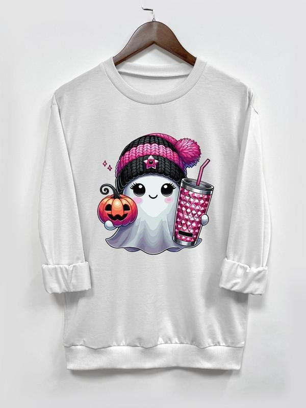 Women's Halloween Ghost Print Round Neck Pullover, Casual Long Sleeve Crew Neck Sweatshirt for Fall & Winter, Women's Clothes for Daily Wear