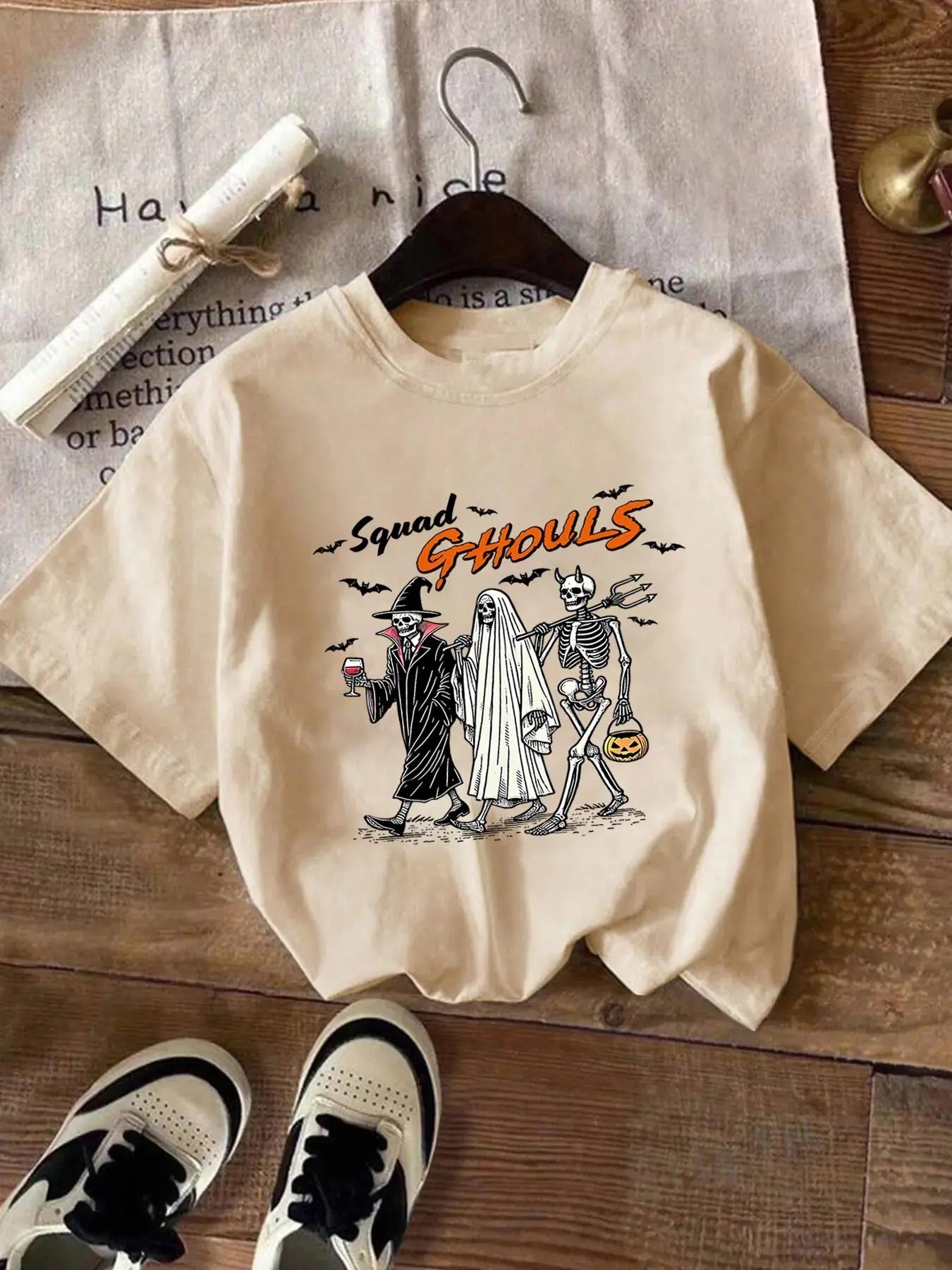 Women's Halloween Themed Skeleton & Letter Print Drop Shoulder Tee, Casual Short Sleeve Round Neck T-shirt for Daily Wear, Ladies Clothes for All Seasons