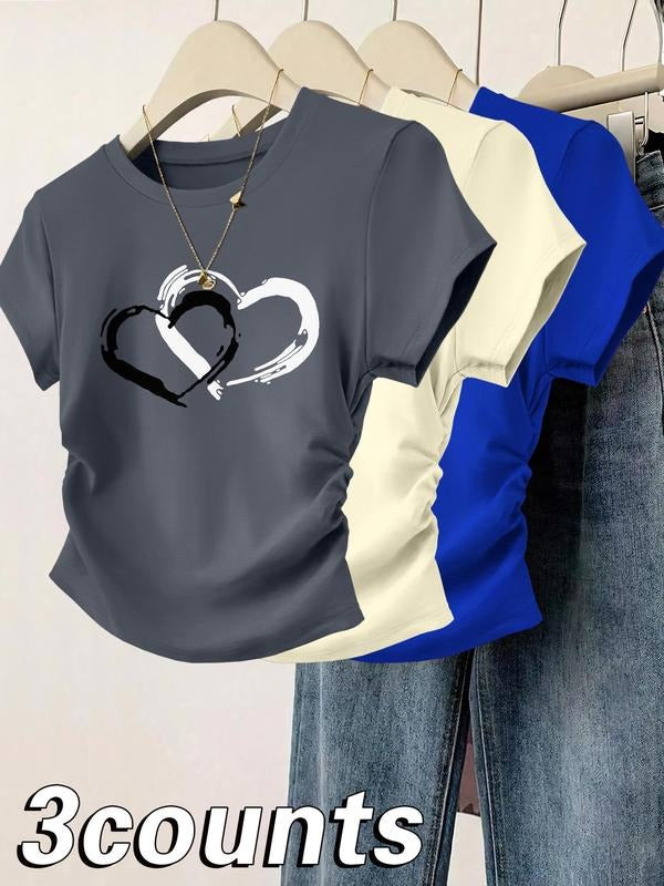 Women's Heart Print Tee, Casual Short Sleeve T-shirt for Daily Wear, Ladies Clothes for All Seasons, Top