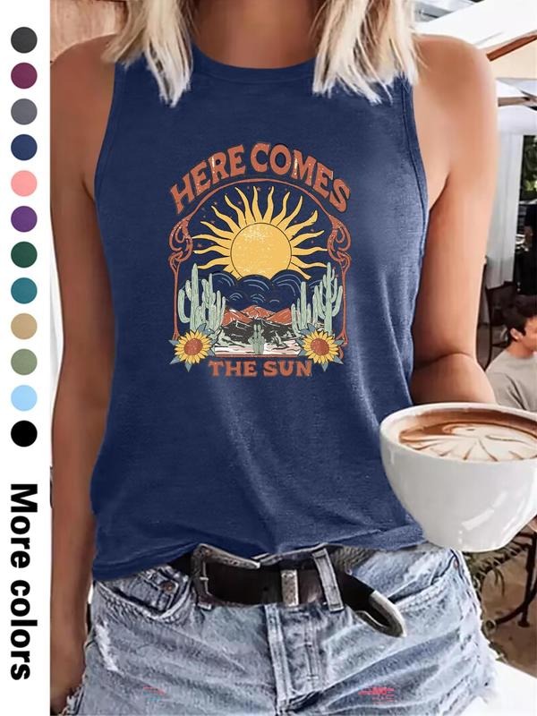 Women's Landscape & Letter Print Tank Top, Casual Sleeveless Top for Summer, Ladies Clothes for Daily Wear, Socksstyle{n002}2