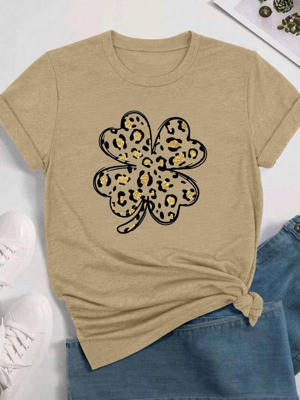 Women's Leopard & Plants Print Round Neck Tee, Fashion Casual Crew Neck T-Shirt for Daily Holiday Vacation Outdoor Wear, Ladies Clothes for All Seasons