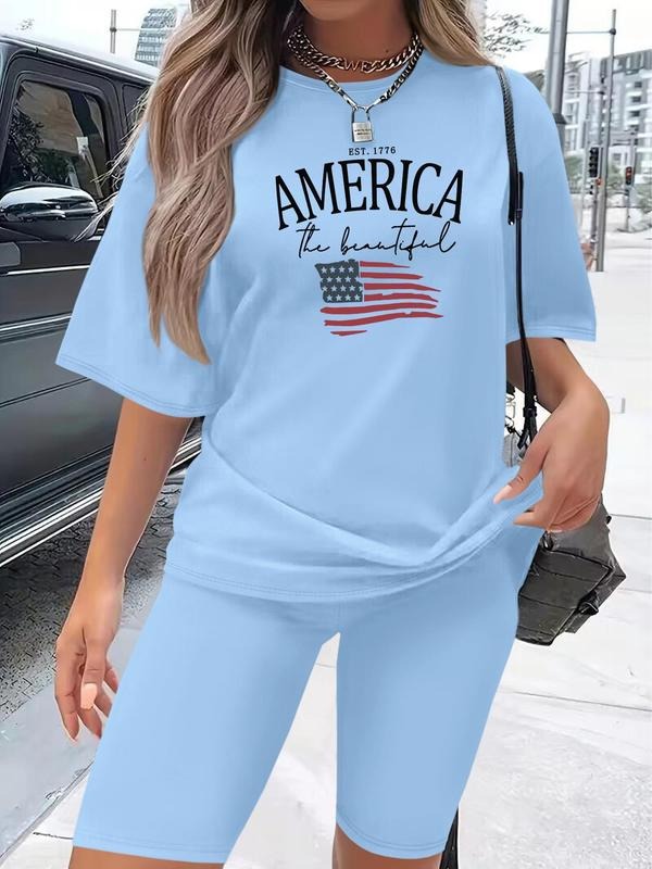 Women's Letter & American Flag Print Tee & Shorts Set, Casual Round Neck T-shirt & Shorts for Daily Wear, Ladies Clothes for All Seasons