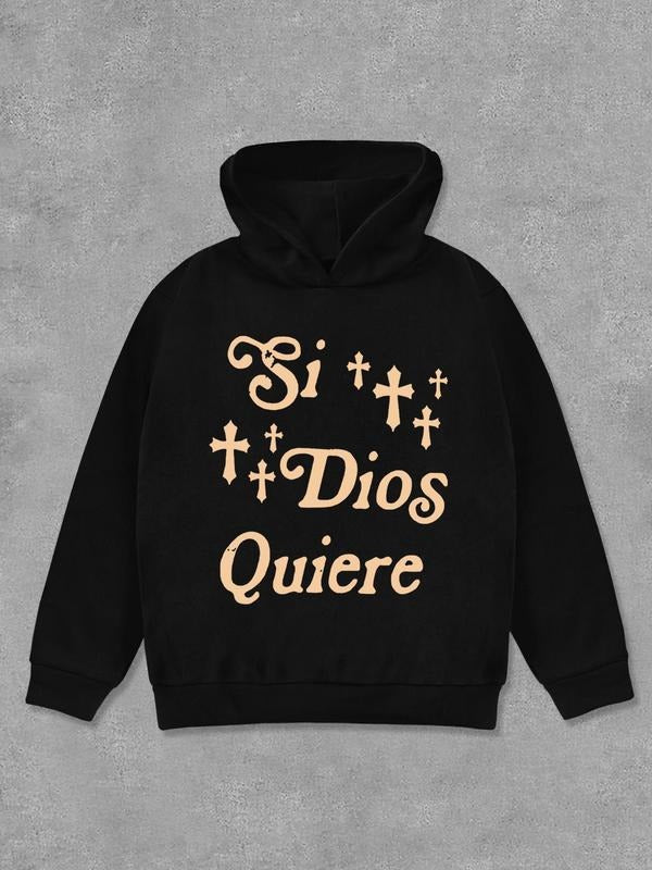 Women's Letter & Cross Print Hoodie, Casual Long Sleeve Hooded Sweatshirt for Fall & Winter, Women's Clothes for Daily Wear