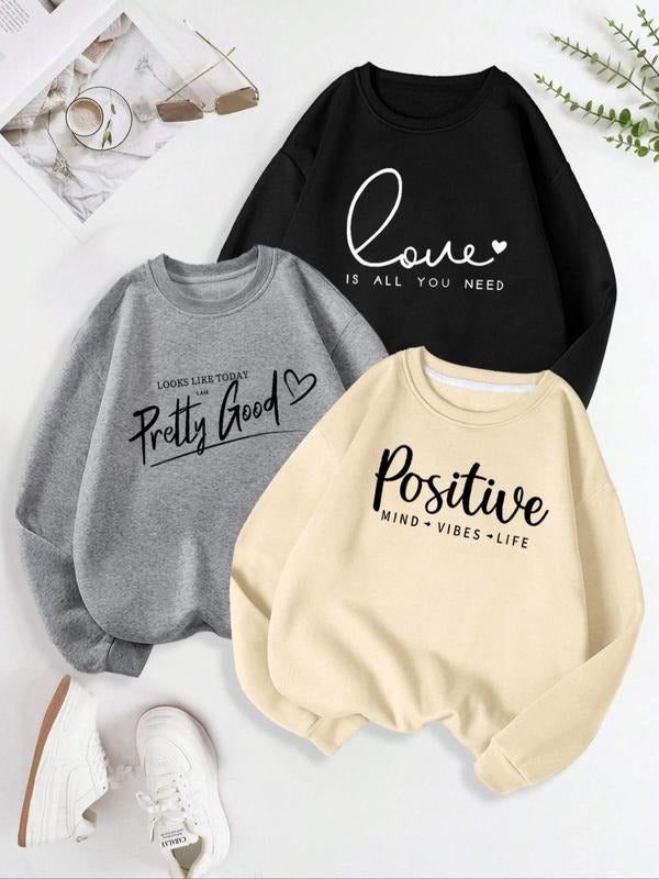 Women's Letter & Heart Print Drop Shoulder Sweatshirt, Casual Long Sleeve Round Neck Pullover for Fall & Winter, Women's Clothes for Daily Wear