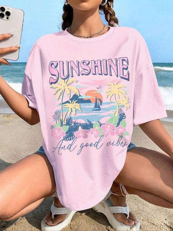 Women's Letter Landscape Print Round Neck Graphic Tee, Vintage Trendy Casual Drop Shoulder Half Sleeve T-shirt for Daily Wear, Ladies Summer Outfit