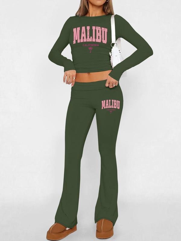 Women's Letter Print Crop Tee & Flare Leg Pants Set, Casual Fashion Cozy Two-piece Outfits for Daily Outdoor Wear, Women Clothes for Fall