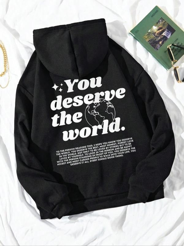 Women's Letter Print Kangaroo Pocket Drawstring Hoodie, Casual Long Sleeve Hooded Pullover For Fall & Winter, Women's Clothes For Daily Wear