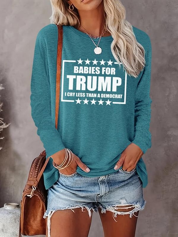 Women's Letter Print Round Neck T-shirt, Casual Long Sleeve Crew Neck T-shirt for Daily Wear, Ladies Clothes for All Seasons