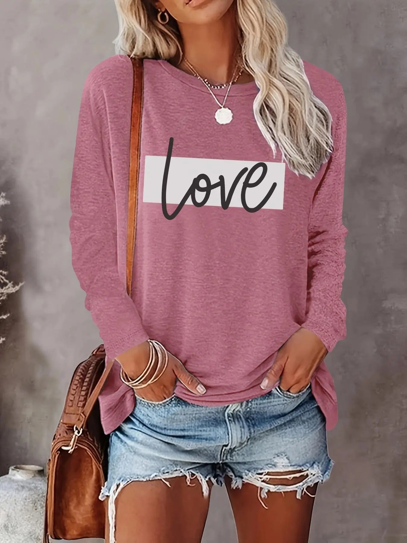 Women's Letter Print Round Neck T-shirt, Casual Long Sleeve Crew Neck Tee for Fall & Winter, Women's Clothes for Daily Wear