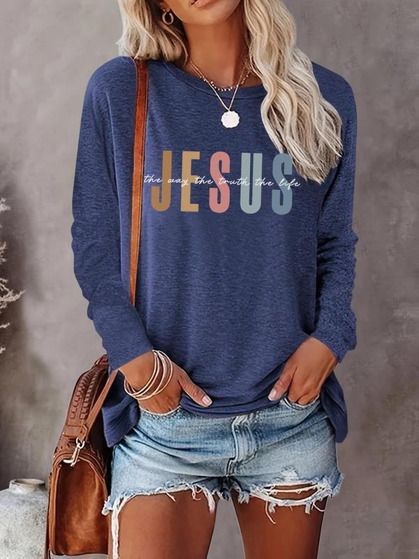 Women's Letter Print Round Neck Tee, Casual Long Sleeve Crew Neck T-shirt for Fall & Winter, Women's Top for Daily Wearstyle{n002}5