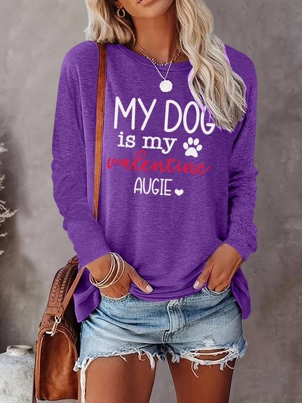 Women's Letter Print Round Neck Tee, Casual Long Sleeve Crew Neck Top for Fall & Winter, Women's Top for Daily Wearstyle{n002}2