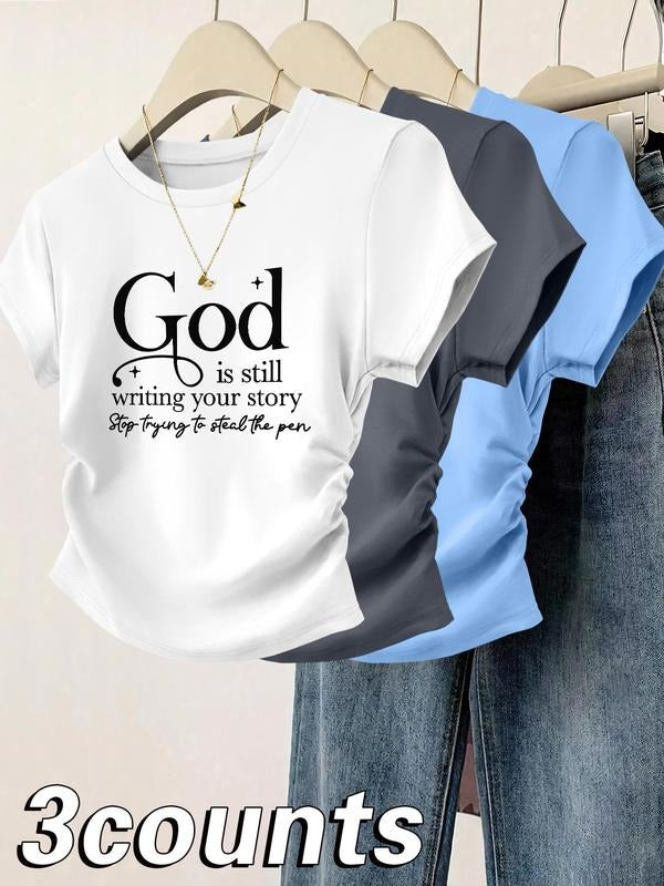 Women's Letter Print Round Neck Tee, Casual Short Sleeve Crew Neck T-shirt for Daily Wear, Ladies Clothes for All Seasons, Topstyle{n002}2