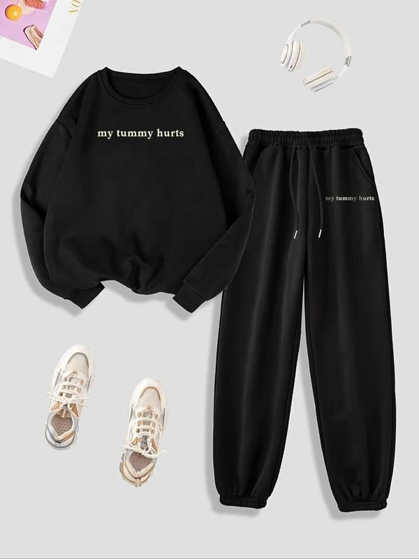 Women's Letter Print Sweatshirt & Pocket Sweatpants Two-piece Set, Casual Round Neck Long Sleeve Pullover & Jogger Pants for Daily Wear, Two Piece Set Women, Ladies Fall & Winter Clothes