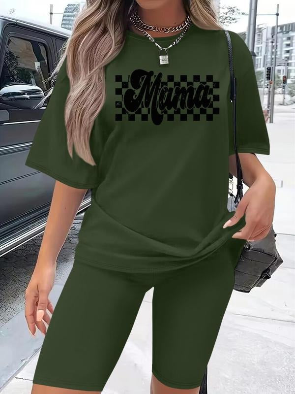 Women's Letter Print Tee & Shorts Set, Casual Short Sleeve T-shirt & Skinny Shorts, Ladies Clothes for Daily Wearstyle{n002}2