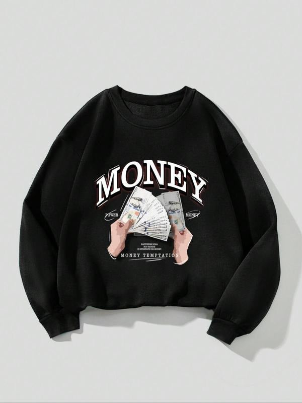 Women's Money Graphic Drop Shoulder Sweatshirt, Round Neck Long Sleeve Pullover, Casual Crew Neck Top for Fall Winter
