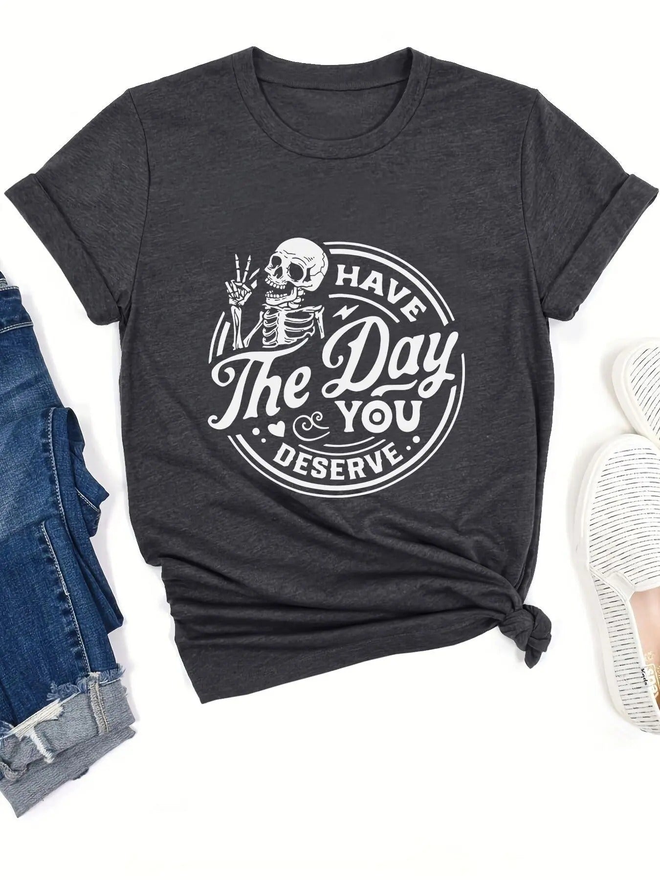 Women's Skeleton & Letter Print Round Neck Graphic Tee, Vintage Trendy Casual Short Sleeve T-shirt for Daily Wear, Ladies Summer Outfit