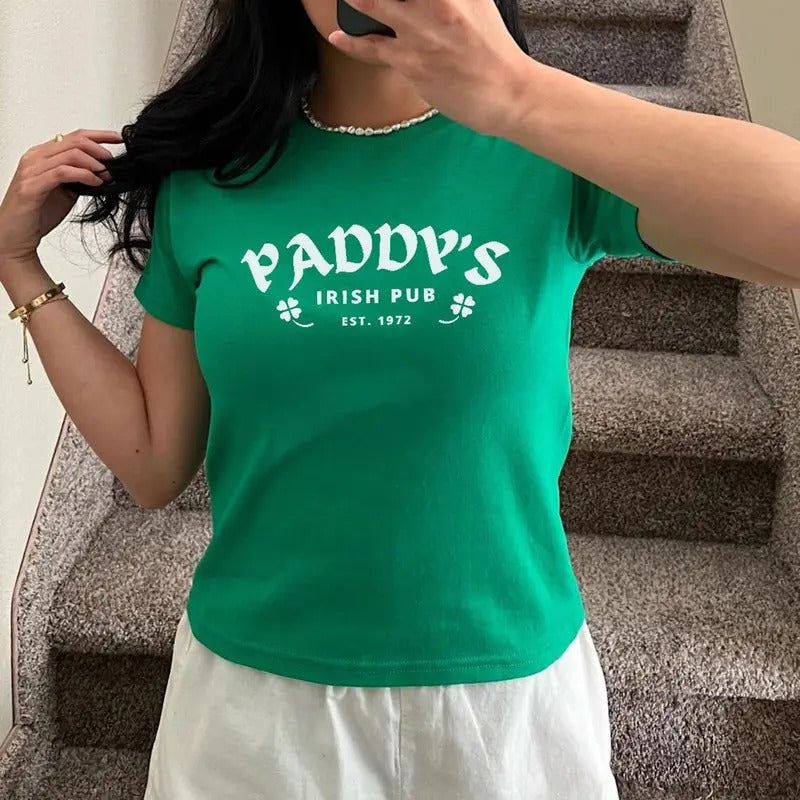 Women's St Patricks Day Pub Logo Baby Tee, Shamrock Design, Irish Party Shirt, Festival Crop Top