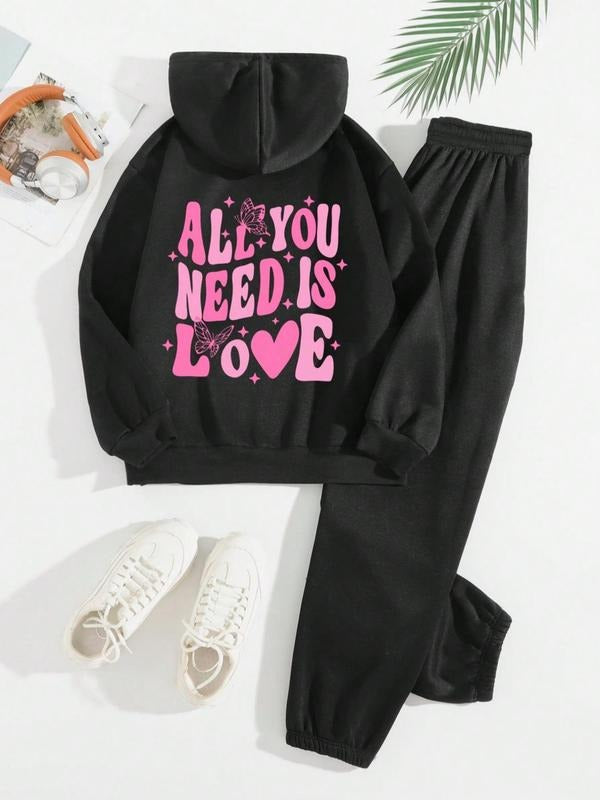 Women's Y2k Trendy Slogan Graphic Drop Shoulder Hoodie & Drawstring Waist Pants Set, New Brand Long Sleeve Hooded Pullover & Trousers, Women's Clothes for Daily Wear