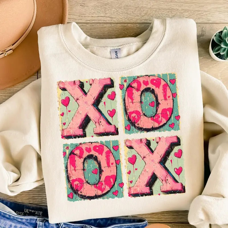 XOXO Valentine's Day Sweatshirt, Retro Valentine Shirt, Valentine's Day Shirt, Heart XOXO Sweatshirt