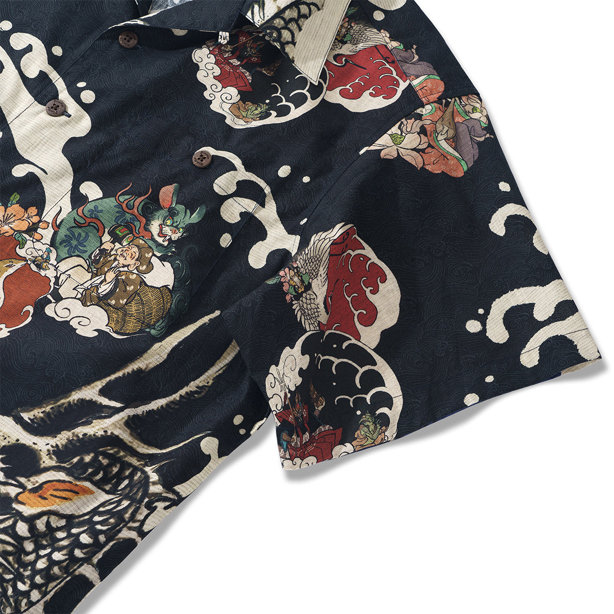100% Cotton Men's Aloha Shirt Japanese Hawaiian Shirt Short Sleeve Camp Collar Shirt Seven Fortunes Charm Collection