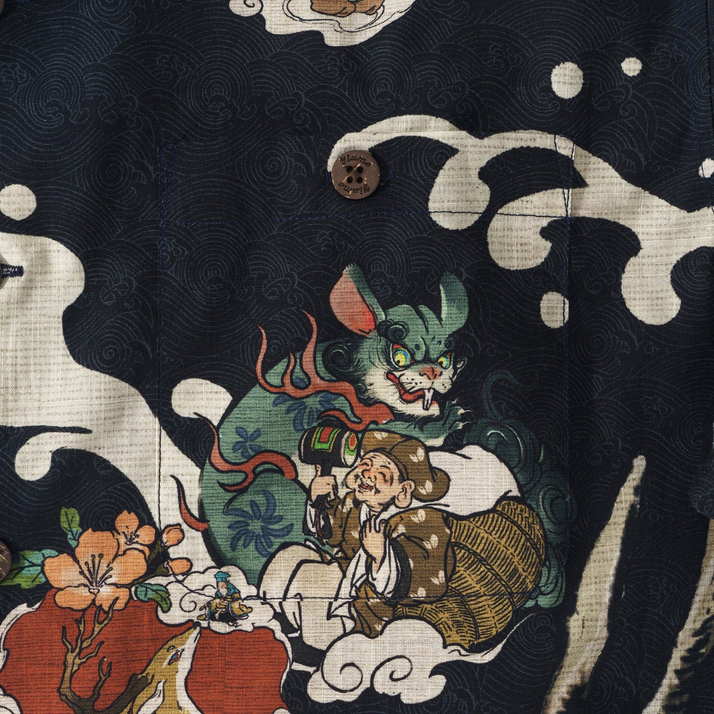 100% Cotton Men's Aloha Shirt Japanese Hawaiian Shirt Short Sleeve Camp Collar Shirt Seven Fortunes Charm Collection