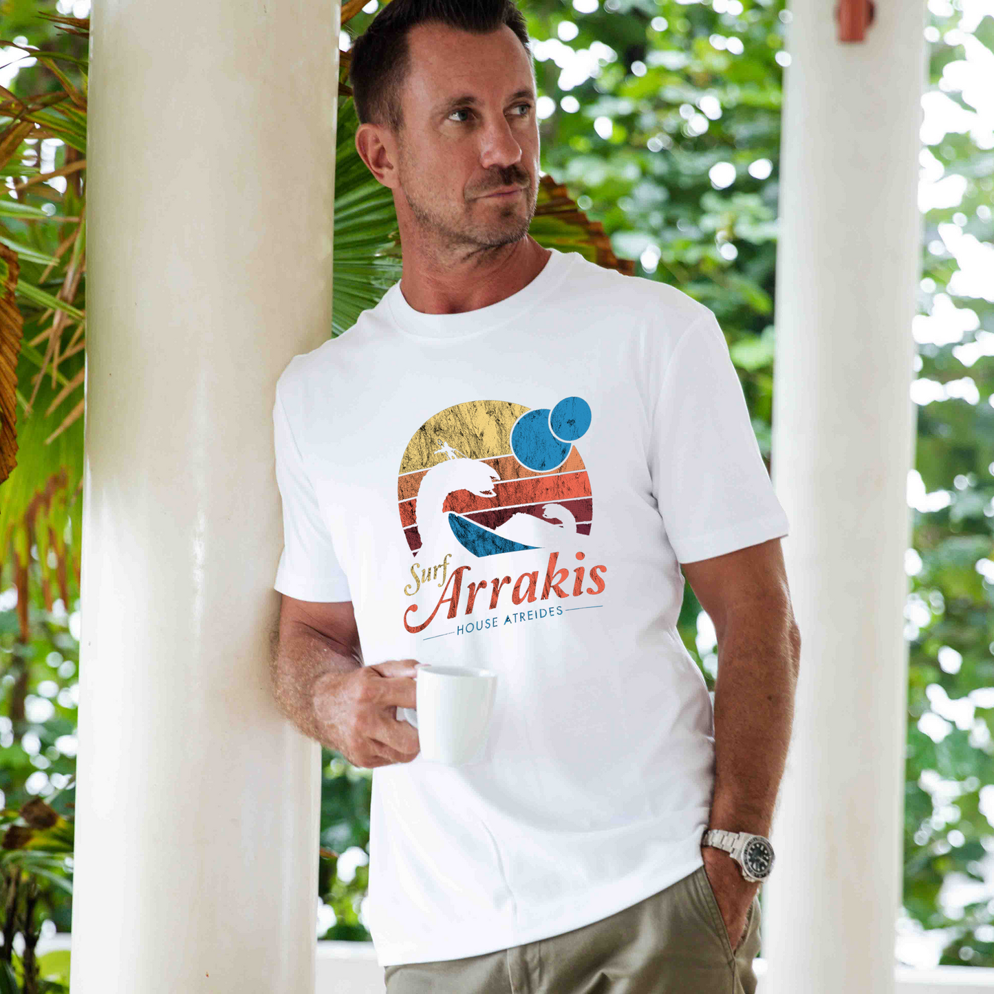 Hawaiian Tee For Men Vintage Distressed Surf Tee Crew Neck 100% Cotton - WHITE Vintage Distressed Surf -white