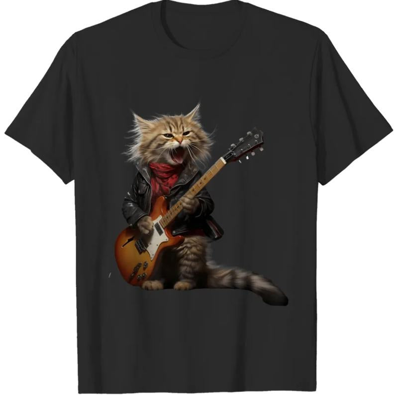 rock cat playing guitar funny guitar cat t T-Shirts, Unisex T-Shirt, For Men Women Menswear Top