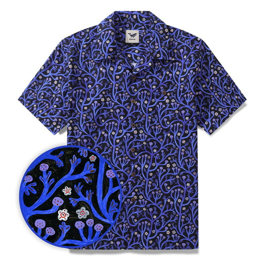 1960s Vintage Hawaiian Shirt For Men 100% Cotton Camp Collar Shirt Midnight Garden Shirt