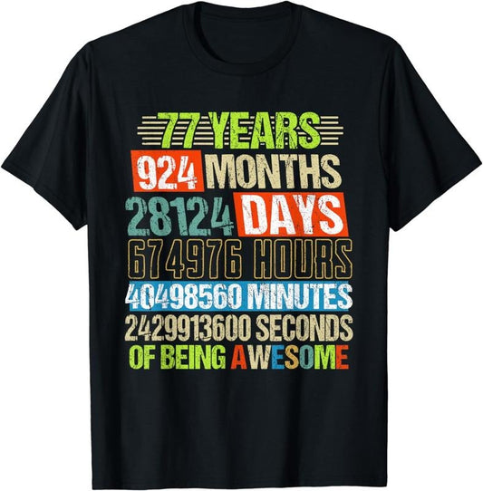 [100% Cotton] 77th Birthday Gifts Funny Countdown 77 Yrs Old Being Awesome T-Shirt