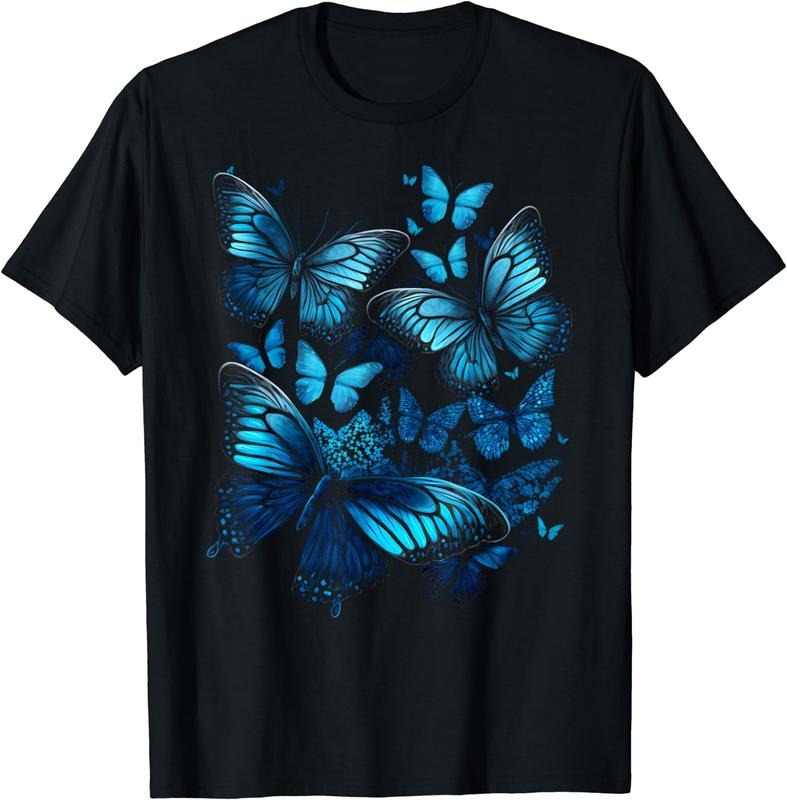 [100% Cotton] Beautiful Butterflies Summer Funny Graphic Butterfly Print T-Shirt Black