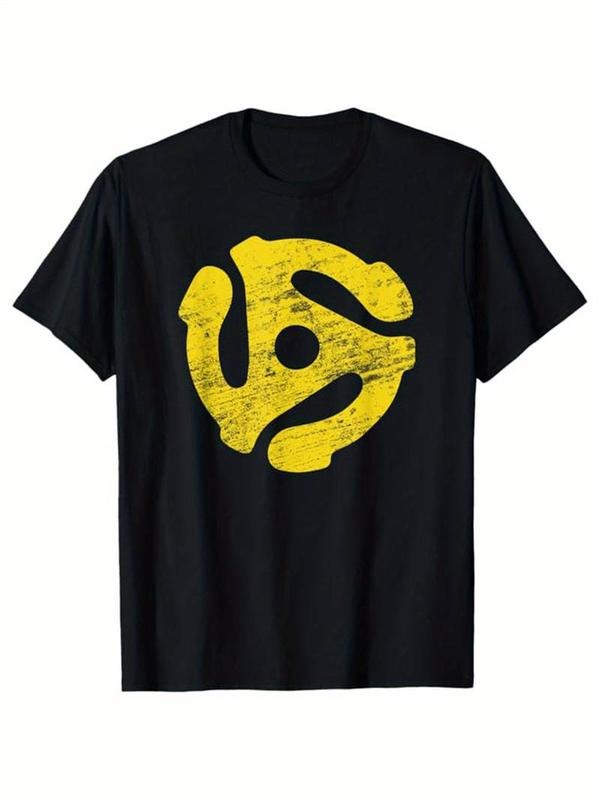 [100% Cotton] Cotton Graphic Tee - Record Player Print Men's Short Sleeve Crew Neck T-shirt