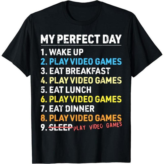 [100% Cotton] Cotton Short Sleeve My Perfect Day Video Games Funny Gamer Mens Boys Gaming T-Shirt for Men Women
